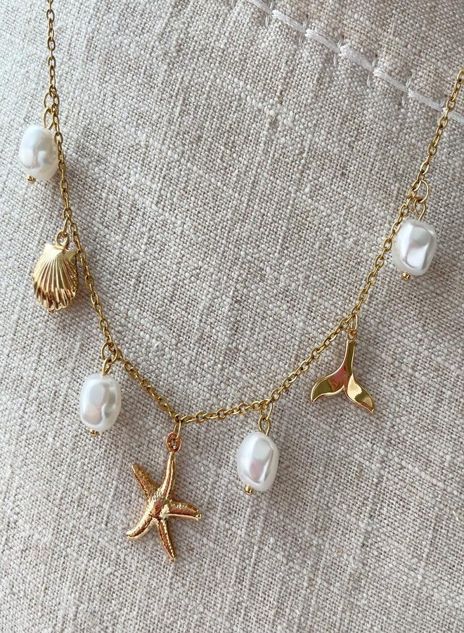Sanyaa Charm Necklace for Women Pearl Starfish Seashell 14k Gold Summer Beach Surfer Jewelry Necklace Gifts (Mermaid Tail) - Image 4
